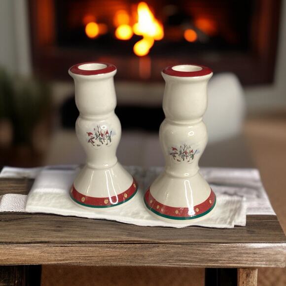 Royal Seasons Stoneware Snowman Candlestick Holders Christmas Holiday, Set of 2 - Picture 1 of 5